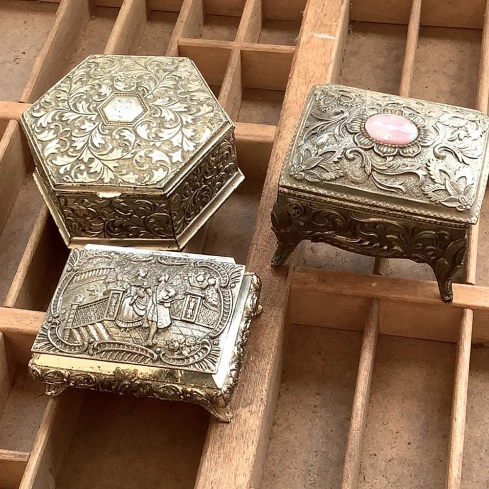 Antique Vintage Bundle Lot 3 Silver Cast Metal Jewelry Trinket Boxes